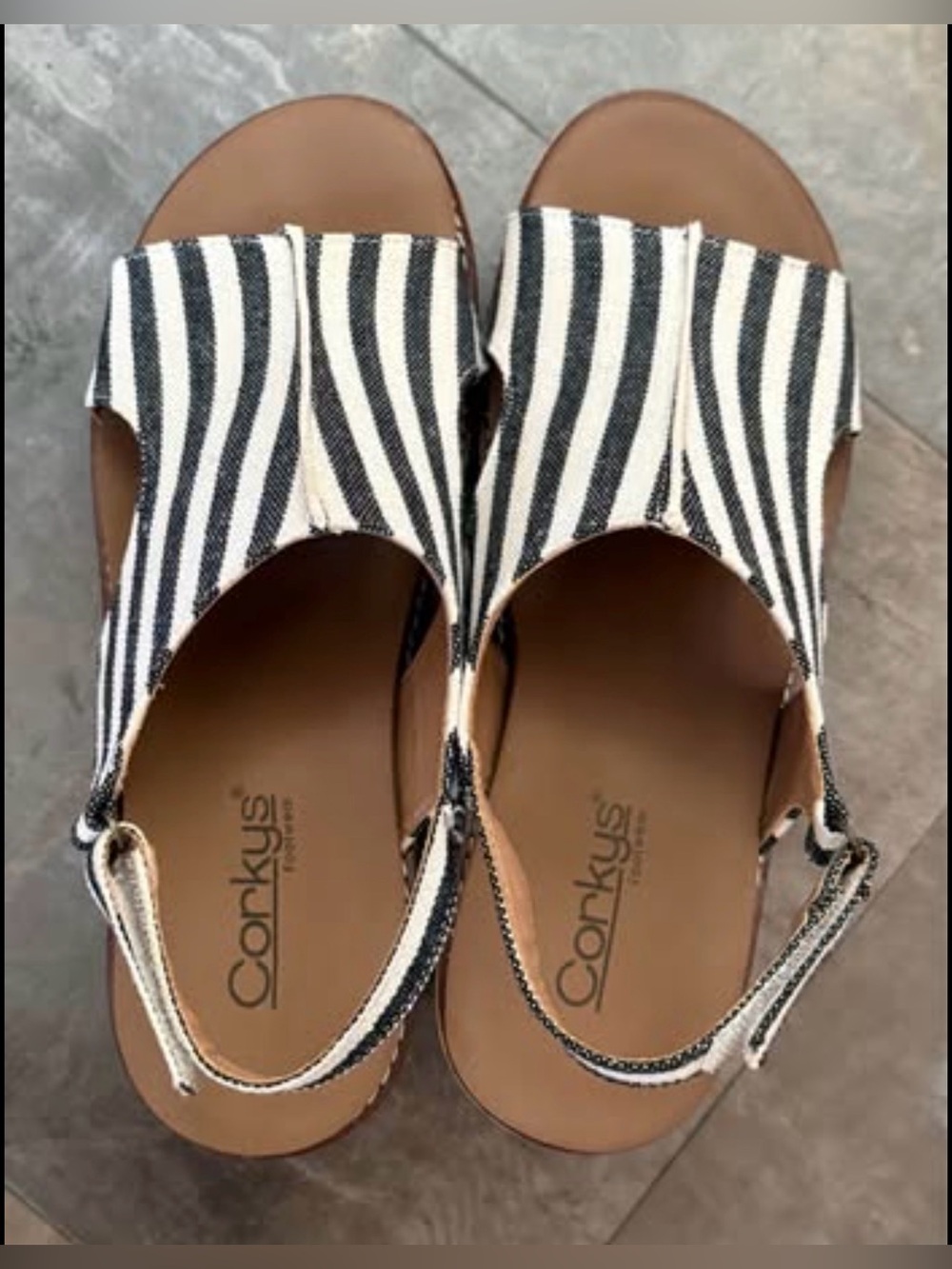 Corkys Dark Green & White Striped Slingback Sandals - worn twice